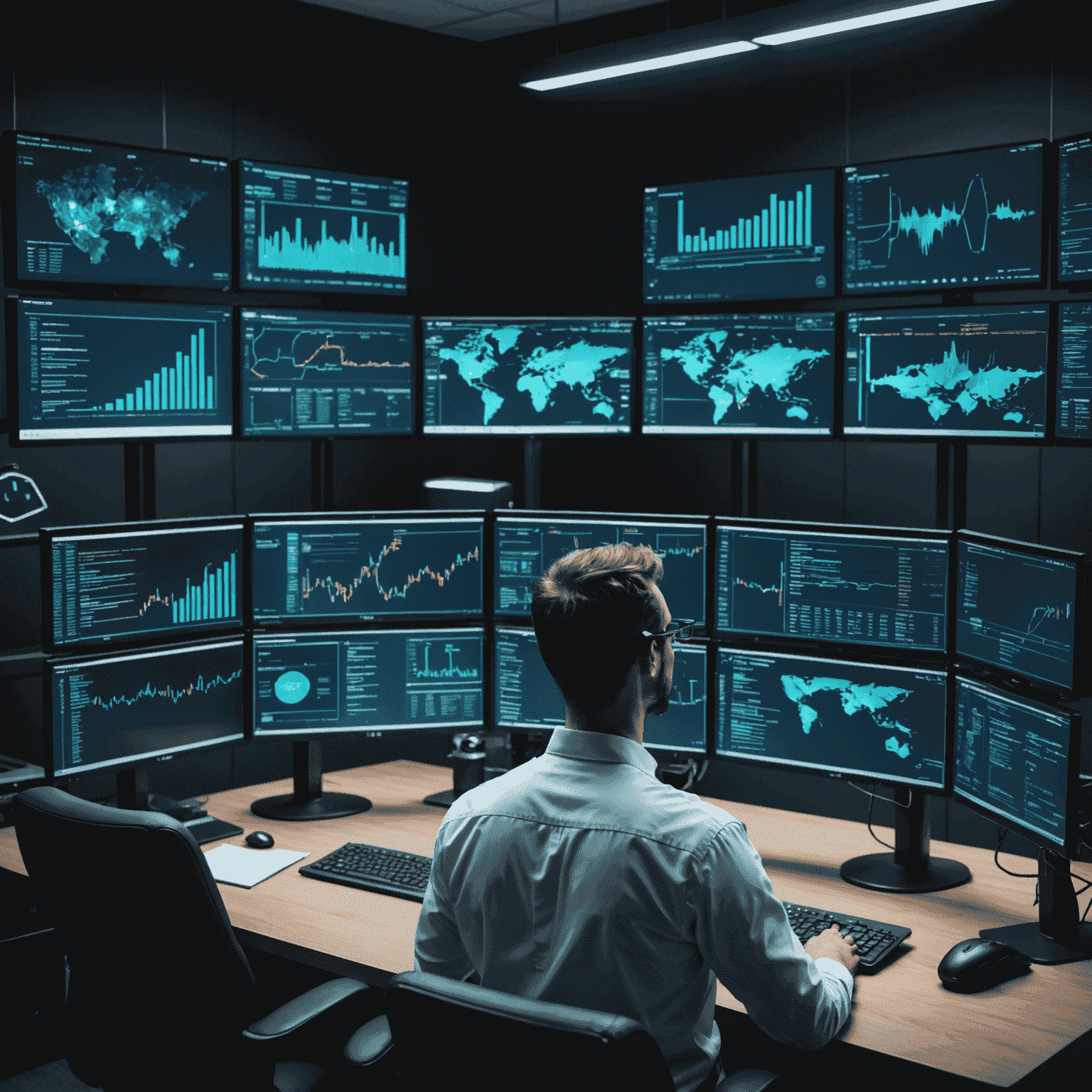 A cybersecurity expert analyzing data on multiple screens, showcasing advanced threat detection systems and real-time monitoring tools