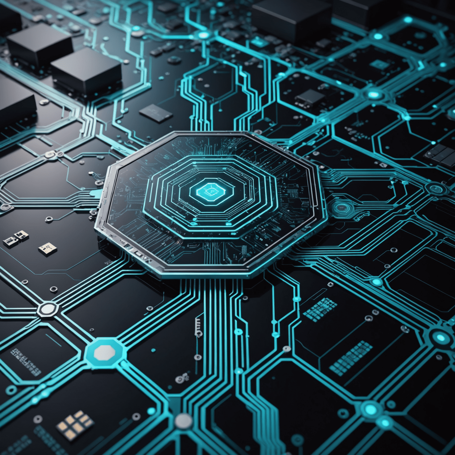 A futuristic visualization of AI integration in business processes, showing interconnected nodes and data streams flowing through a stylized circuit board representing a modern office environment