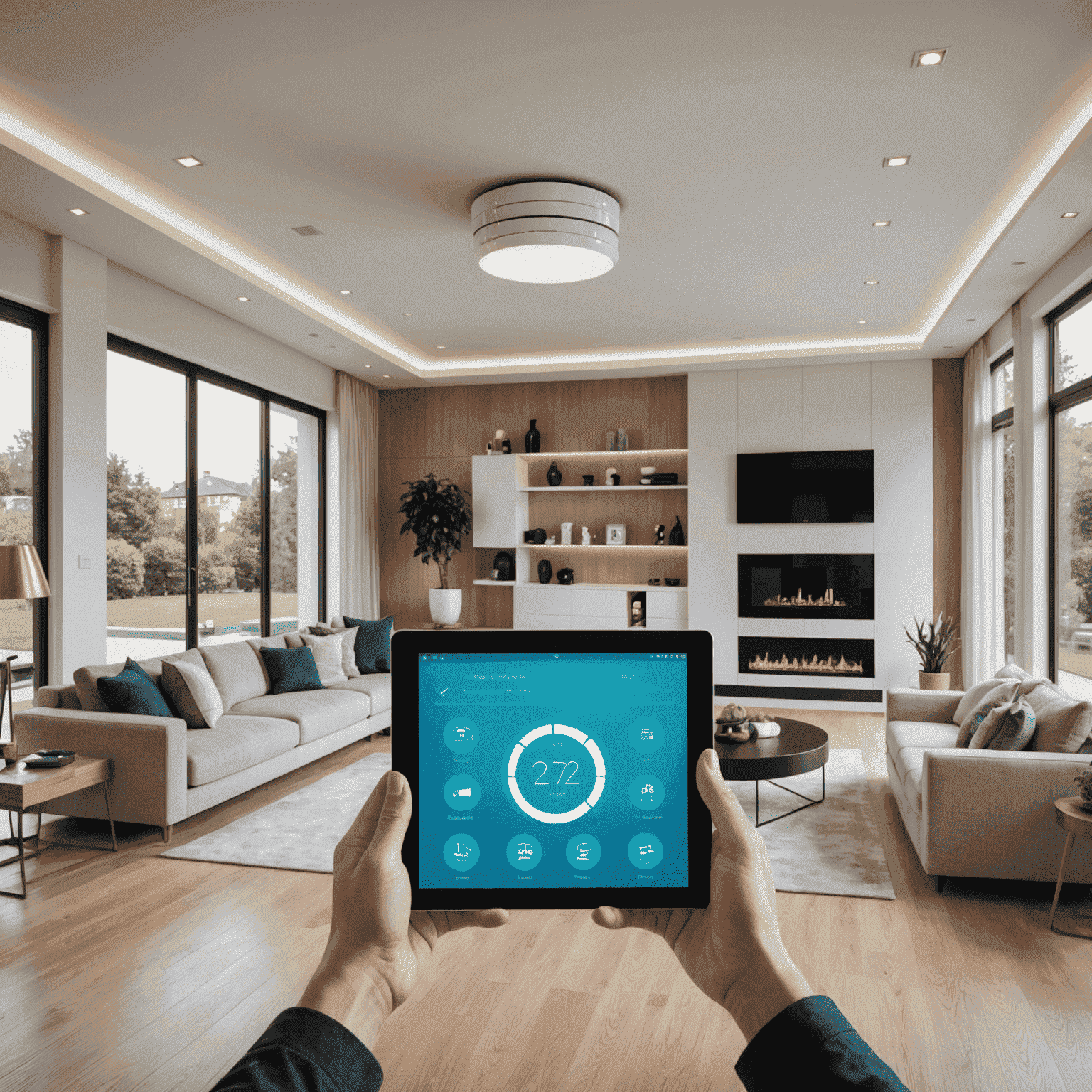 A modern smart home interior with various IoT devices such as smart thermostats, lighting, and security cameras, all connected and controlled via a central tablet interface