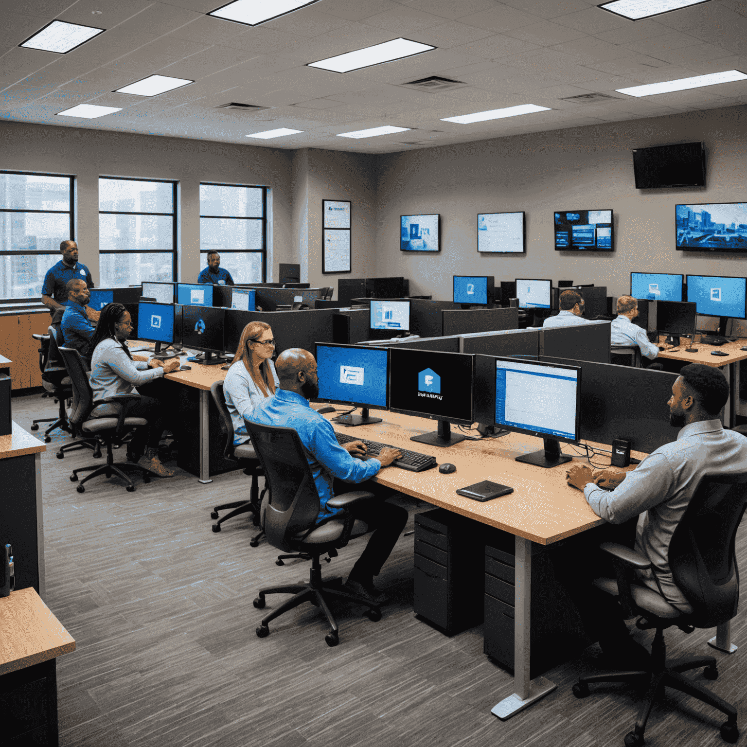 A team of diverse IT professionals working in a modern, high-tech support center. They are seated at ergonomic workstations with multiple monitors, actively engaged in providing remote assistance to Affinity FCU members. The image conveys a sense of dedication, expertise, and round-the-clock availability.