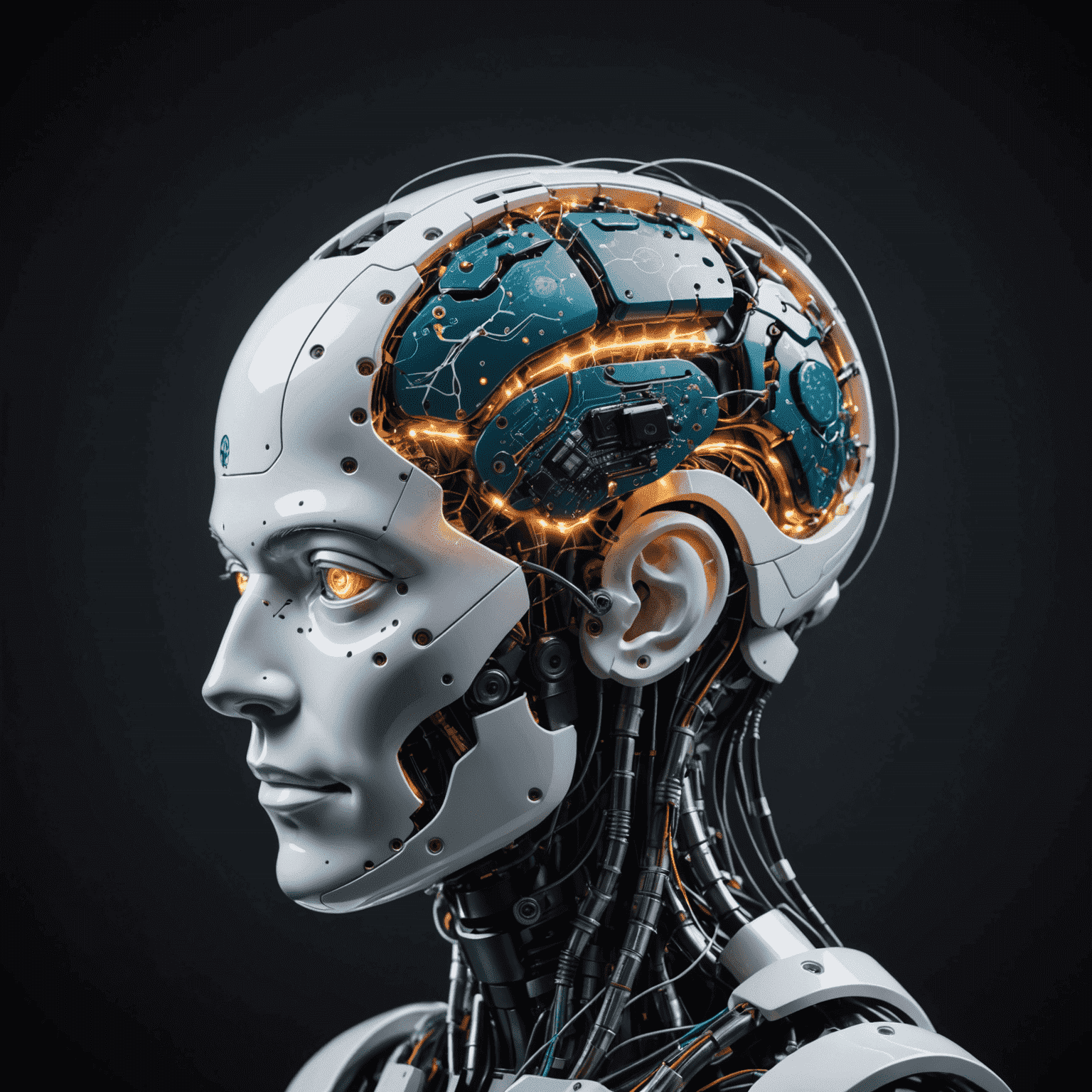 A robotic brain with glowing circuits, representing AI integration in business processes